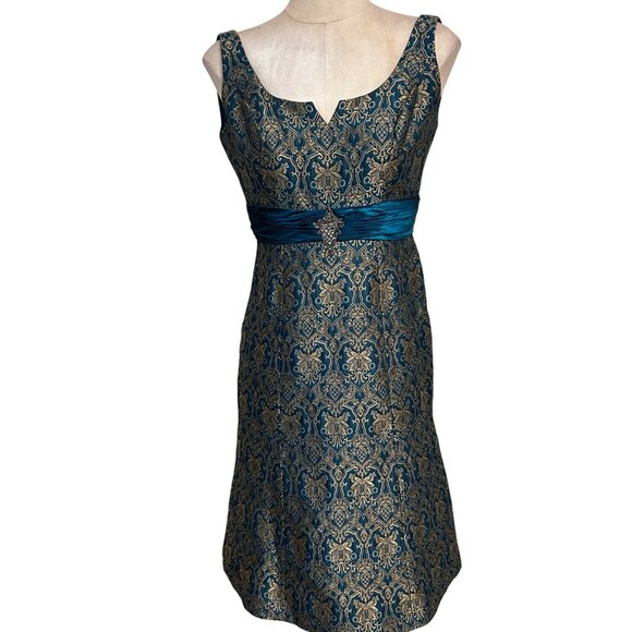 Badgley Mischka Metallic Gold Teal Green Midi Evening Cocktail Dress size 2 - Picture 1 of 4